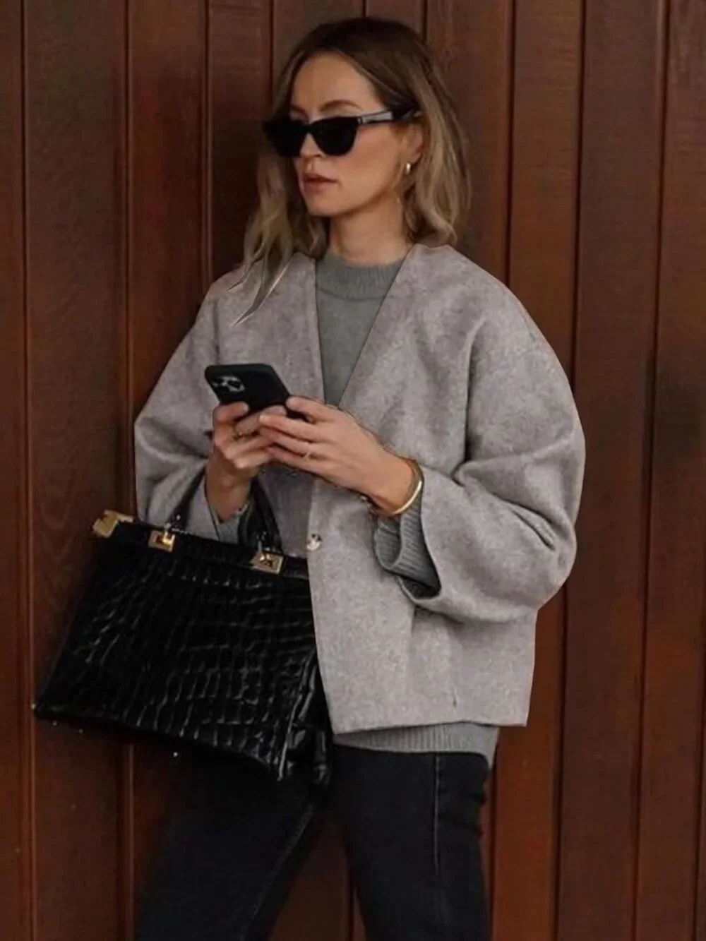 Women's Beige Wool Blend Cropped Collarless Long Sleeve Short Fall Pea Overcoat
